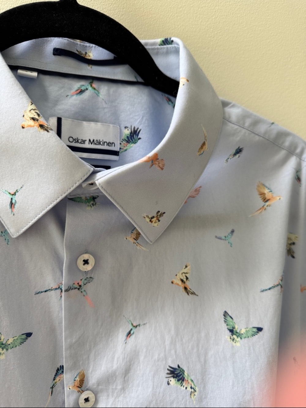 100% cotton Light Blue Bird-Print Shirt like new